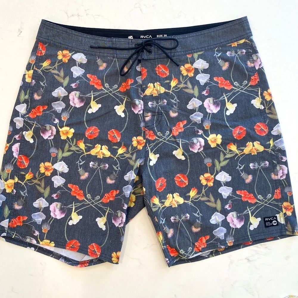 RVCA Floral Print Board Shorts in Gray with Red, Yellow & Purple